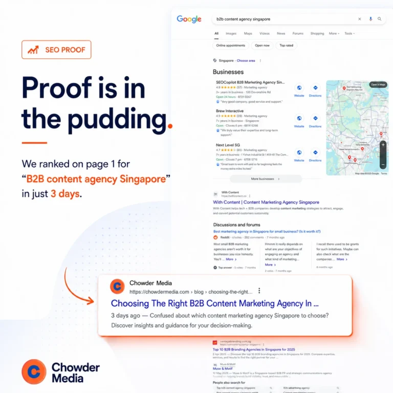 Google results for B2B content agency Singapore, with a Chowder Media article on page one