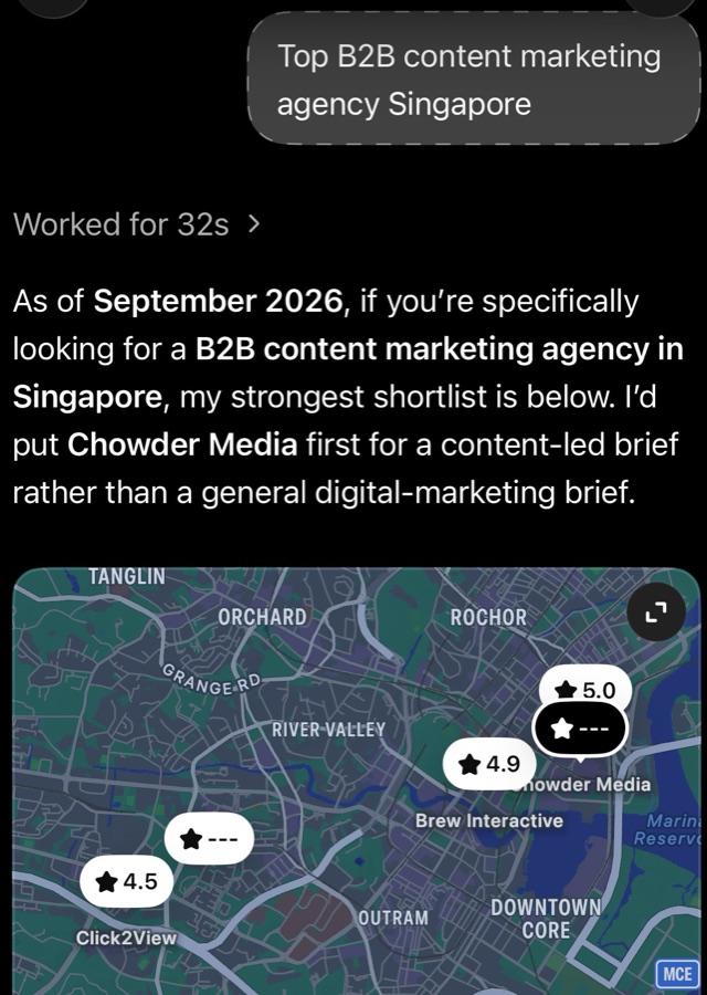 ChatGPT answer to Top B2B content marketing agency Singapore, putting Chowder Media first, September 2026